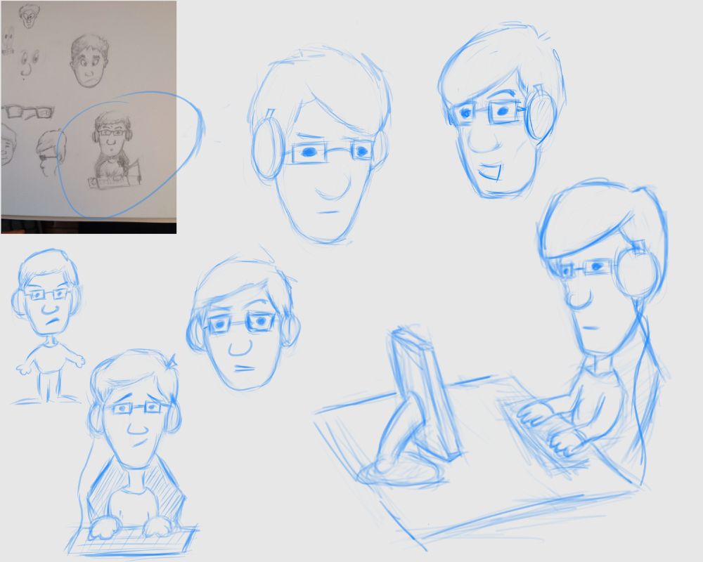 Several cartoon style sketches of a man at a computer wearing headphones.