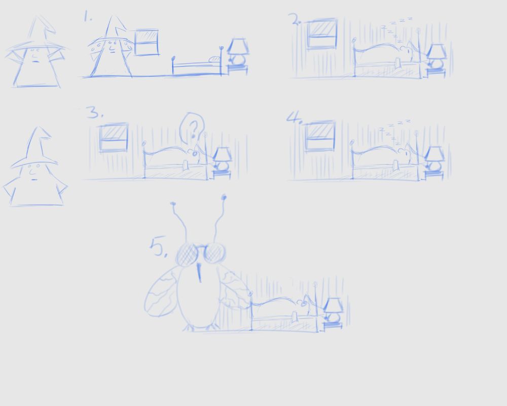 A rough storyboard of a wizard who went to bed with the window open and a giant bug gets in overnight.