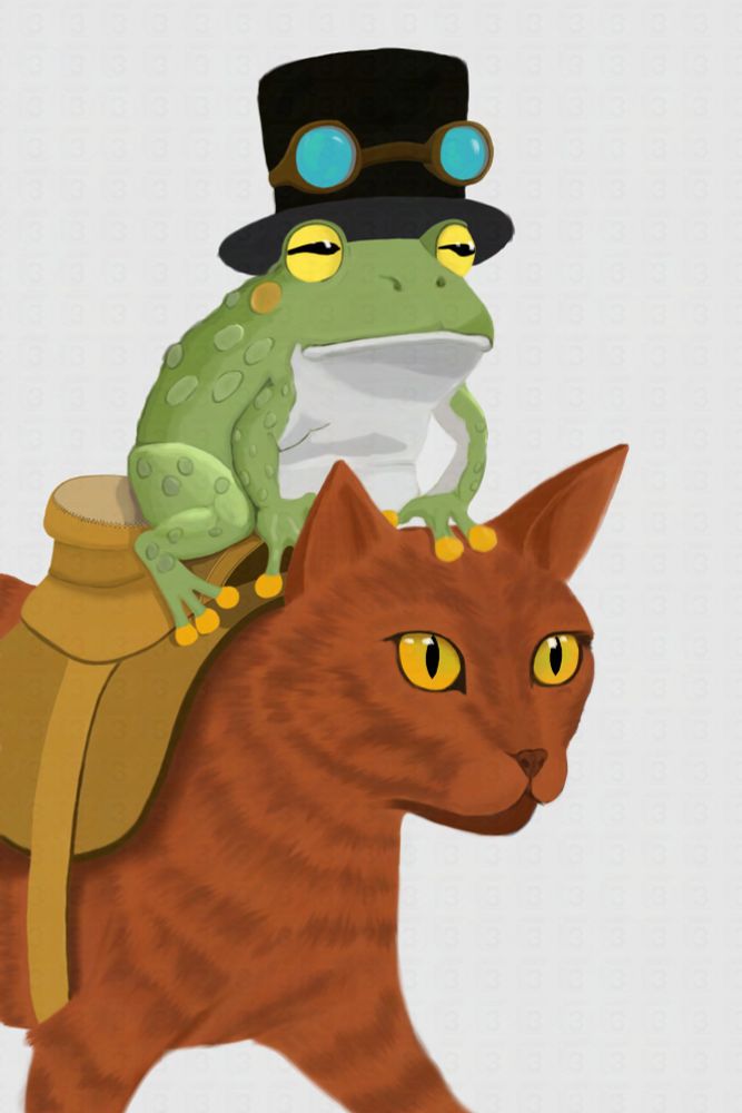 A frog wearing a top hat riding on the back of an orange cat.