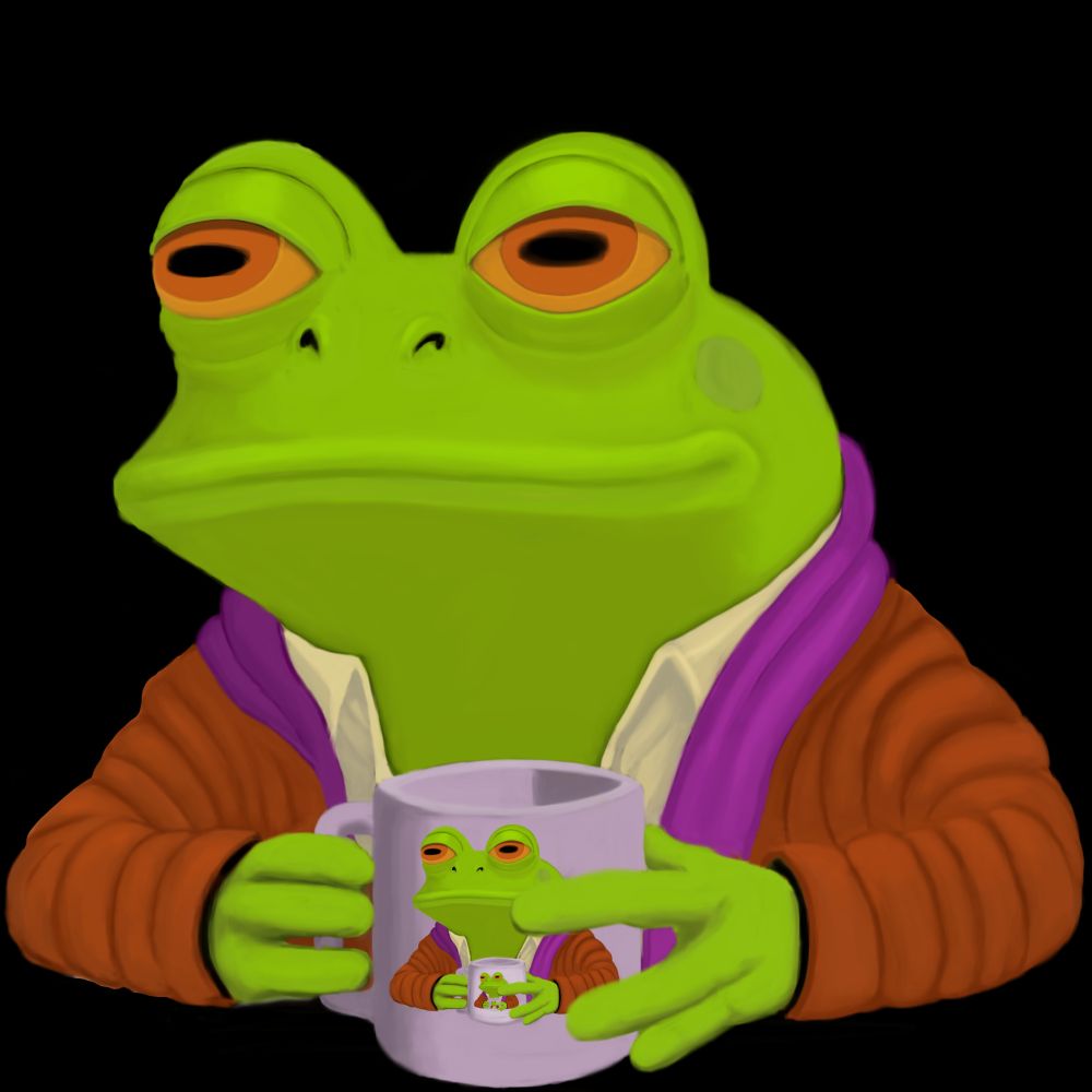 A sleepy frog wearing a bathrobe drinks his morning coffee.