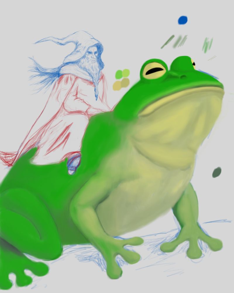 A wizard rides on the back of a giant frog. Loose, sketchy, work in progress.