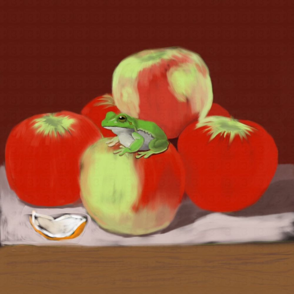 A small, green frog sits on top of an apple, next to a pile of apples. A small piece of orange peel in the foreground.