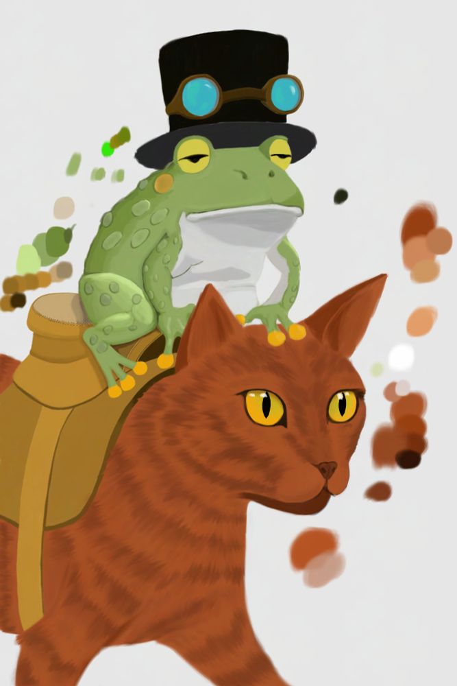 A digital painting of a frog wearing a top hat and goggles riding on the back of an orange cat. It is loose and sketchy with spots of color references scattered about.