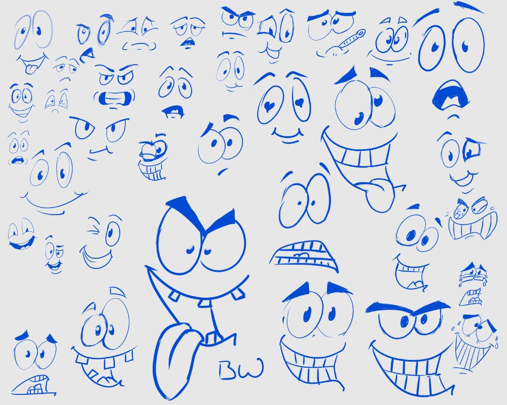 Many sketches of cartoon faces on a single sheet.