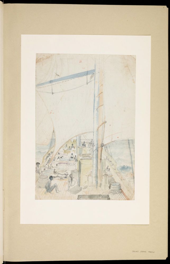 Francis Meynell, ‘Sketchbook of watercolours depicting places visited by Francis Meynell while on a Royal Navy anti-slavery patrol off the west coast of Africa and includes several ship portraits’, 1870, MEY/2, National Maritime Museum, 10-12, https://www.lifeatsea.amdigital.co.uk/Documents/Detail/20751254?item=20751262 