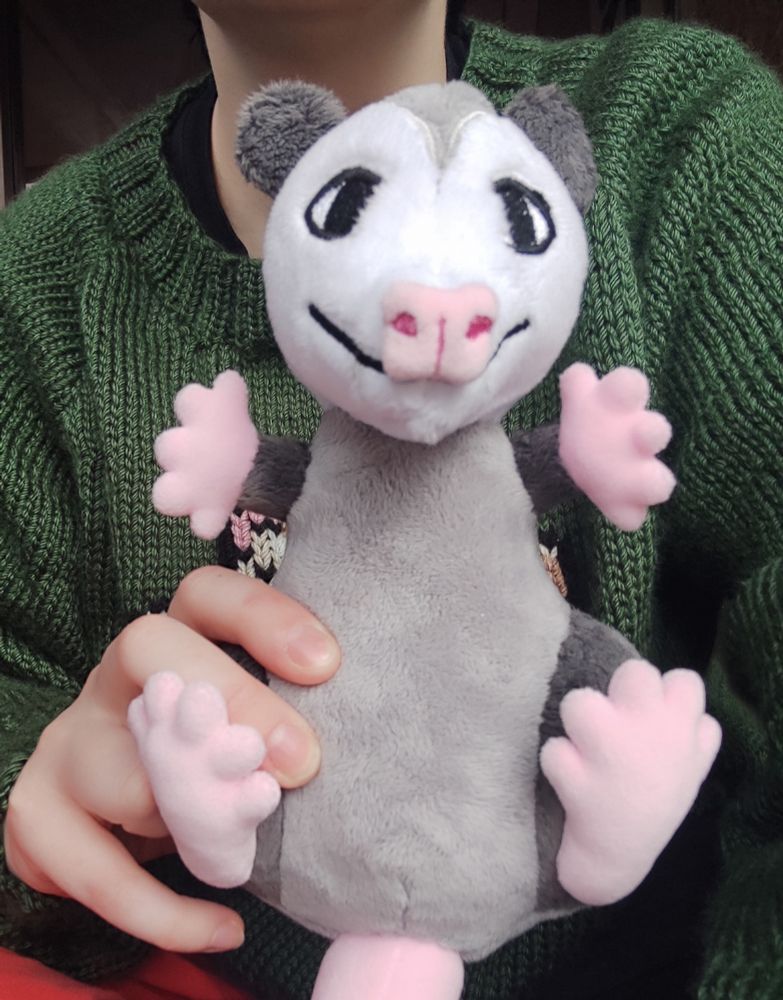 A very sweet handmade opossum plush being held up to the camera.