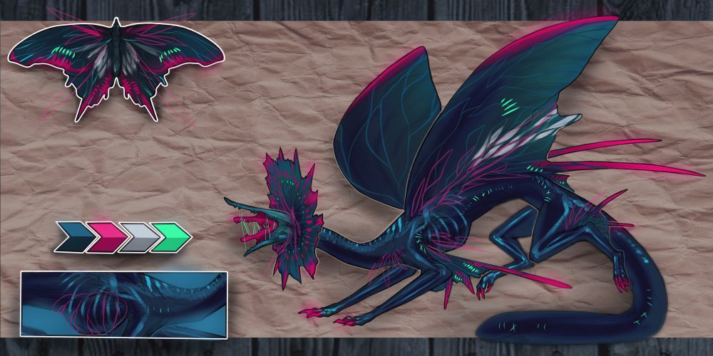 A moth-inspired, plant-like monster design with glowing fuchsia accents and two mouths.