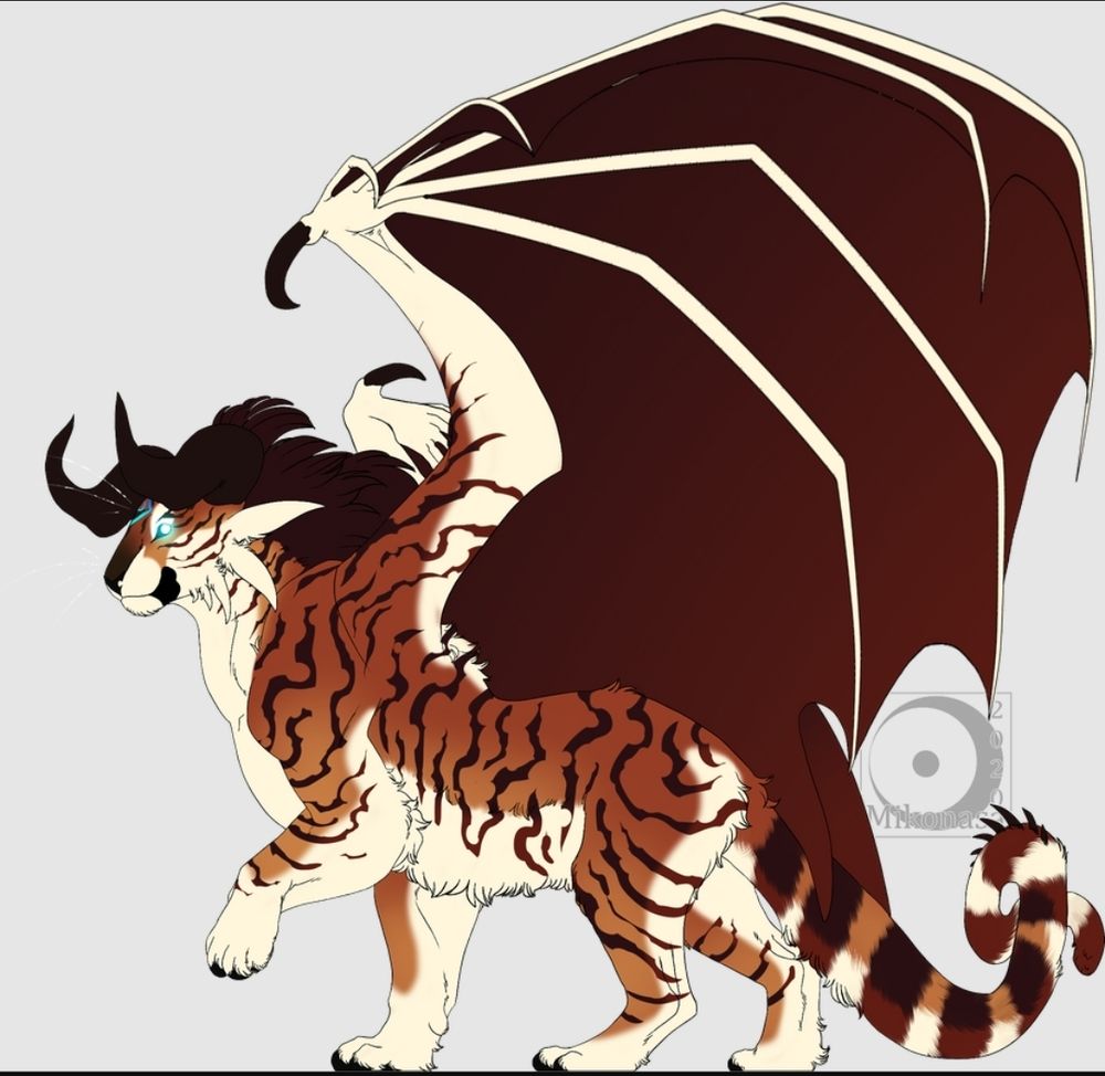 A tiger dragon creature design, with large bat wings and large horns.