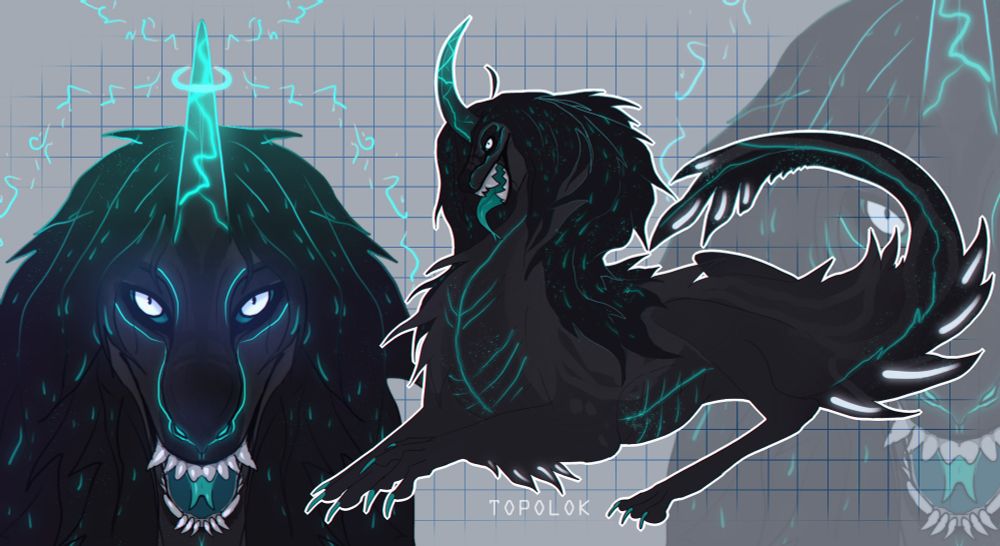 A black and cyan creature design. Is has large, sharp teeth, and a glowing, electric horn on its head.