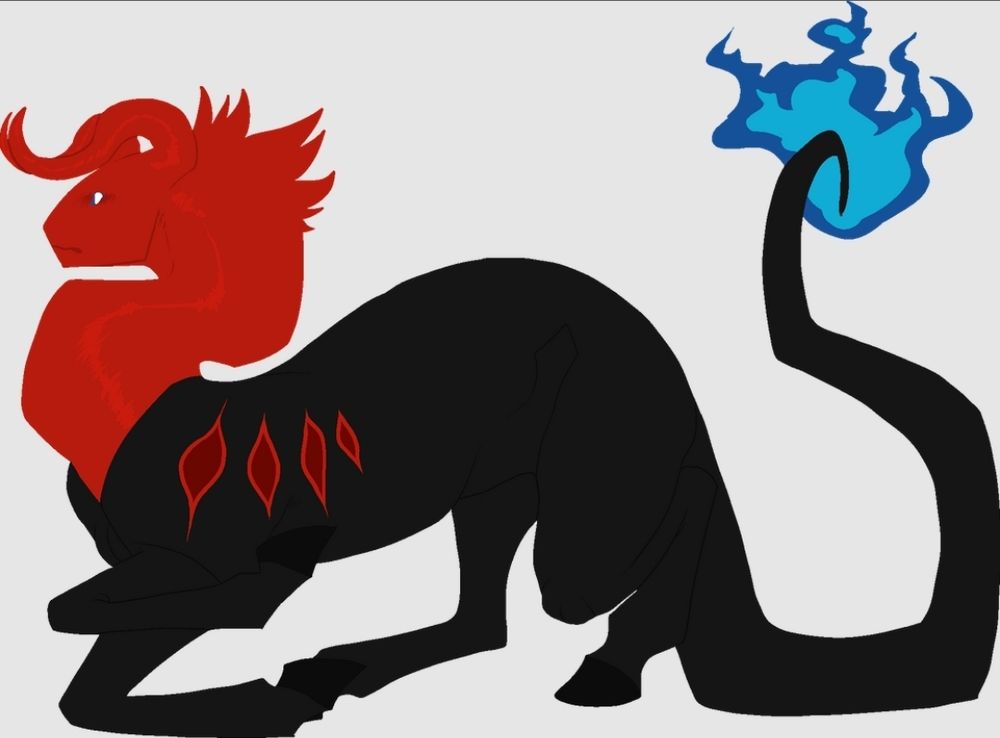 A black horse-like dragon creature with a bright red head, devil horns and a long trial with blue flames at the tip 