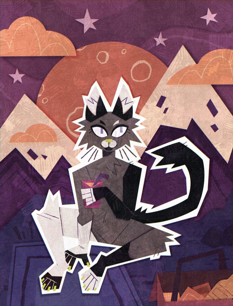 A grey, black and white cat sits surrounded by mountains having a picnic. The style is very shape-heavy and sharp, with a paper-cut out effect. The colours are very warm purples and oranges.