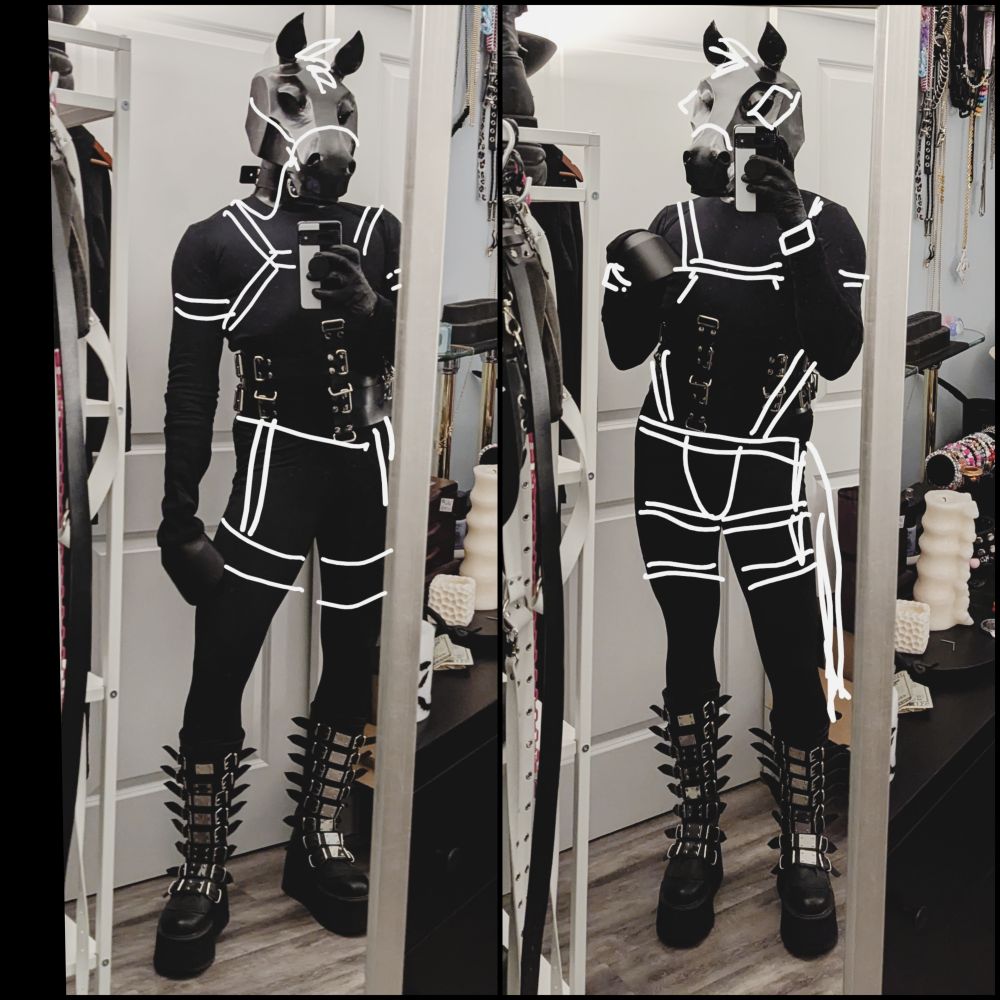 Two selfies of a person in an all-black horse costume, with white drawn-on illustration of possible harnesses, bridles, and blinders