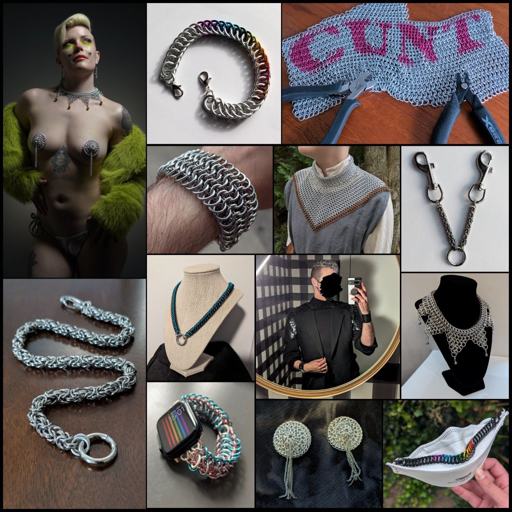 Photo collage showing chainmail objects: single strand chains, jester collar, pasties, watch strap, pauldrons, gorget, WIP panels