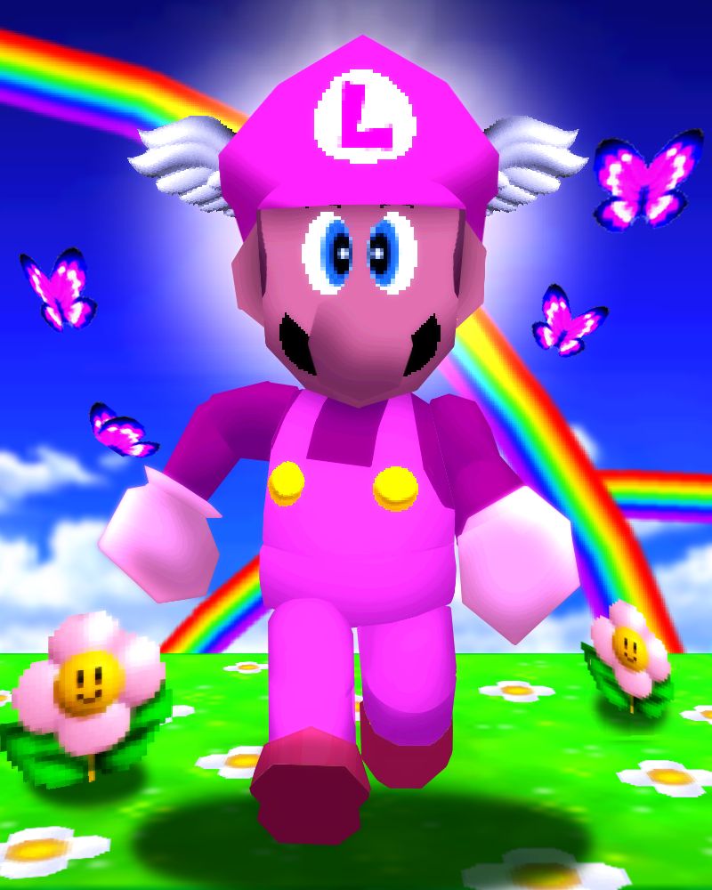 Illustration of "Kindness Luigi," a pink version of a leaked Luigi model from Super Mario 64. He is walking forward with a winged cap. Surrounding him are flowers and butterflies. In the background are clouds and 2 intersecting rainbows.