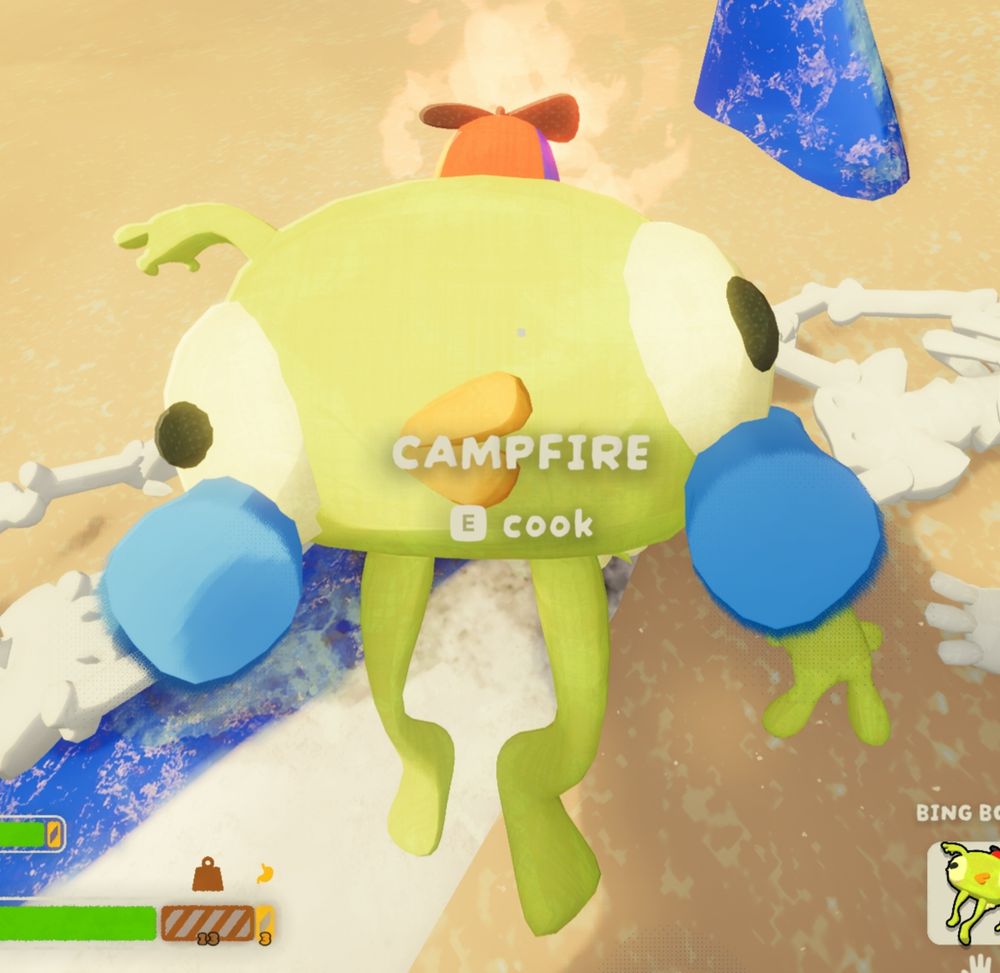 screenshot of me playing peak, holding bing bong plush over campfire, ready to cook him