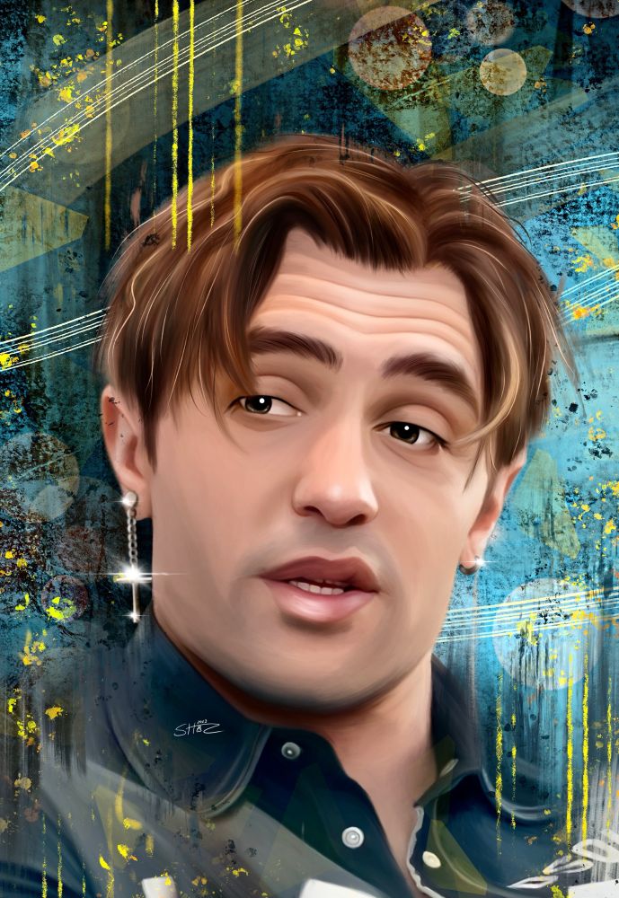Painting of Phil Dunster as Jamie Tartt
He is wearing a blinking earring on his left ear and he‘s sporting his usual, slightly arrogant expression and longer hair. The background is various blue tones mixed with yellow stripes and lines