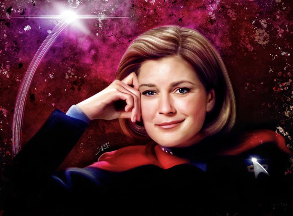 Painting of Kate Mulgrew as Captain Janeway from Star Trek Voyager. We see her from the chest upwards and she is leaning on her right hand, smiling. The background is in dark pink and red colours, and has lots of colour splashes all around. There is also a bright shooting star in the distance. 