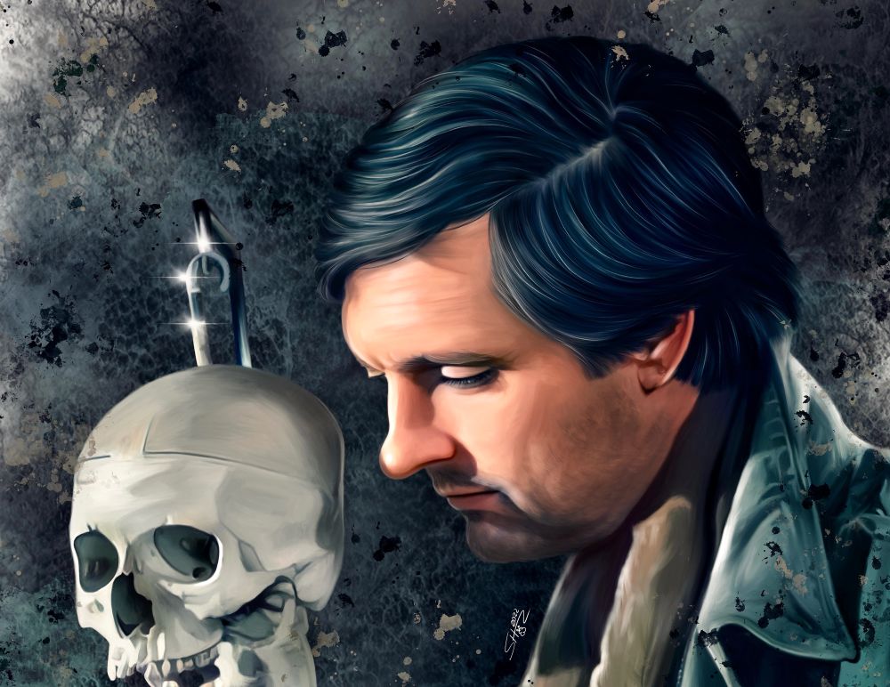 Painting of Hawkeye Pierce standing next to a medical skeleton. He looks down at it, deep in thought. We only see the head of the skeleton and him from the shoulders up. The background is in somber tones, black and grey with black splashes