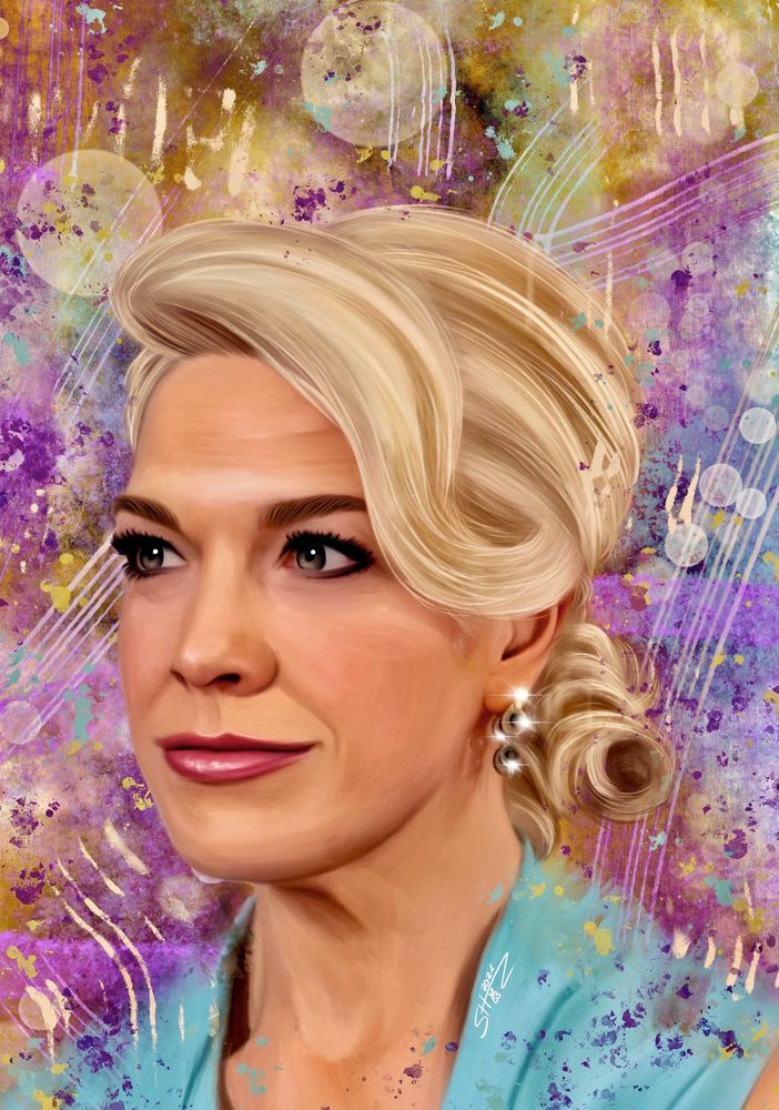 Painting of Hannah Waddingham as Rebecca Welton in Ted Lasso. She is wearing a light blue top and shiny earrings. She has her hair up in the back. The colours of the background are mostly yellow, pink and blue, with white lines giving it a rougher touch