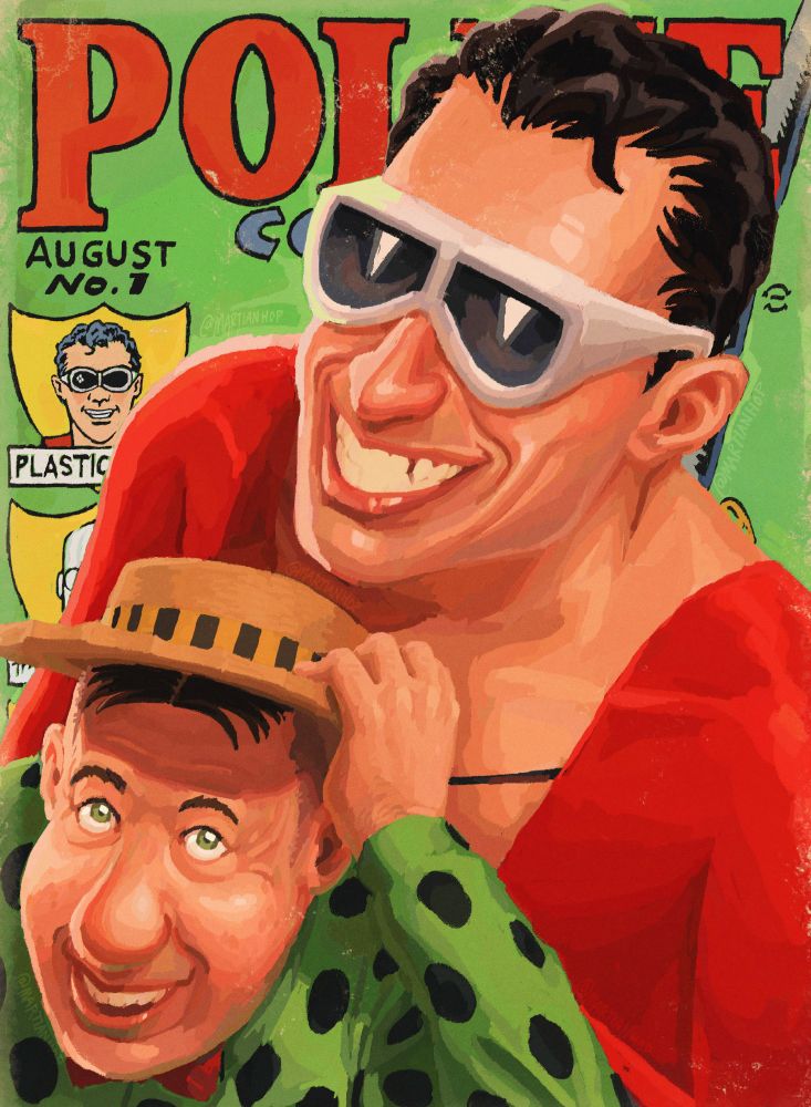 A semi-realistic digital painting of the characters Plastic Man and Woozy Winks together, looking up and smiling. The background is the cover of Police Comics #1, the first comic with Plastic Man. Woozy didn't appear until #13 in 1942, but I wanted to draw them together :)