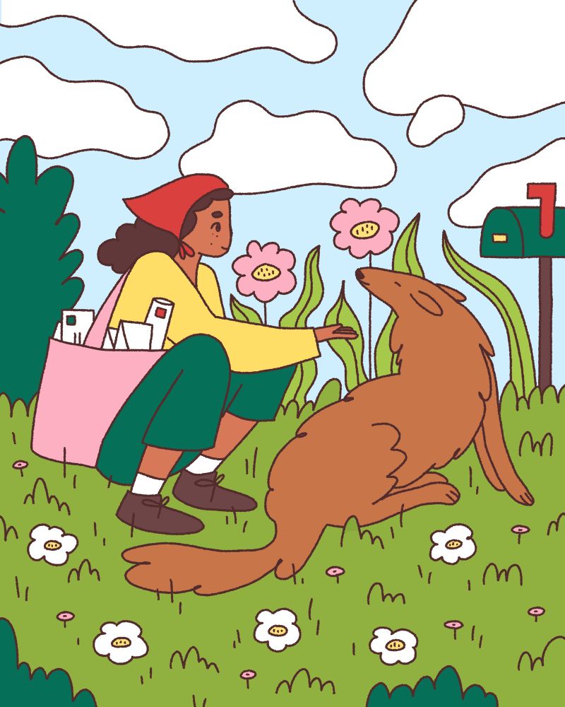 An illustration of a smiling girl carrying a bag of mail, kneeling down, and holding her hand out to a happy puppy. The style is cute and simple, with a colourful, muted colour palette.