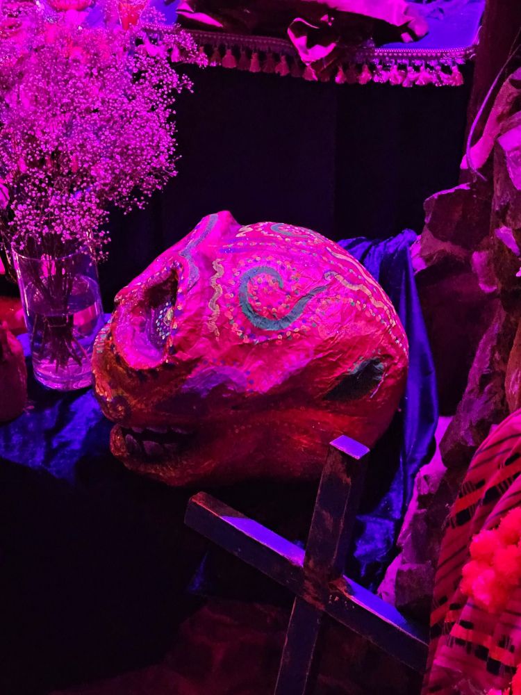 Ausschnitt einer Ofrenda am Dia de los muertos: eine riesiger Totenschädel, bunt bemalt, drumherum Blumen, Kreuz, alles pink angestrahlt, darunter ein dunkelblaues Tuch.