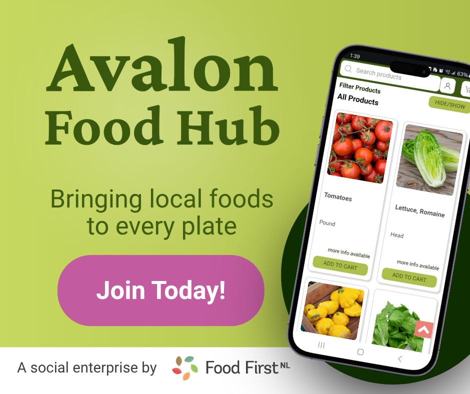 A two-tone green background with a wavy border. A mobile phone displaying an online shopping site with vegetables is to the right. Overlaid text: "Avalon Food Hub: Bringing local foods to every plate. Join today! A social enterprise by Food First NL."