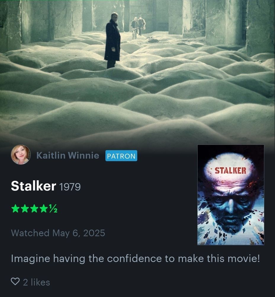 A Letterboxd entry for the 1979 film Stalker. My 4.5 star review reads, "Imagine having the confidence to make this movie!"