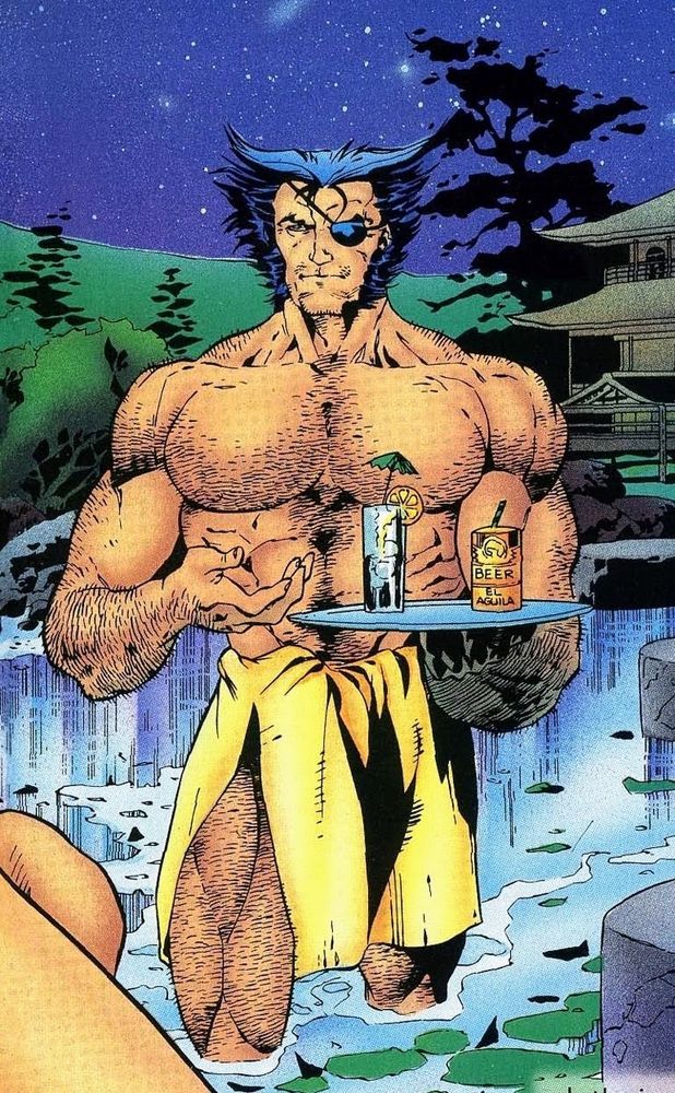 Comic panel of Patch in a yellow towel walking through a lake with a serving tray