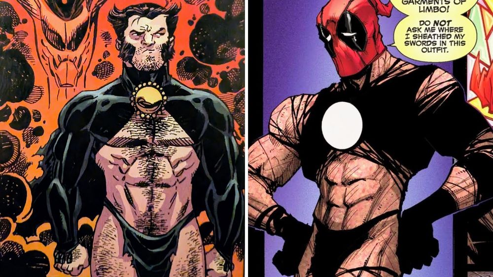 Side by side comic panels of Wolverine & Deadpool in a slvtty black outfits