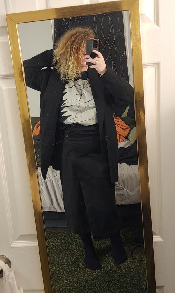human-shaped blazer-addict poses goofy style in its bedroom wearing locrian shirt & wildfang skirt & yohji blazer she got for a good deal 