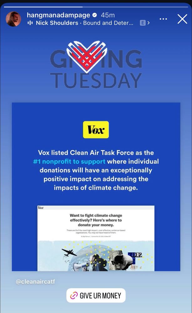 A picture of Hangman Page's Instagram story, encouraging wrestling fans to donate to the Clean Air Initiative, supporting positive impacts in climate science 


