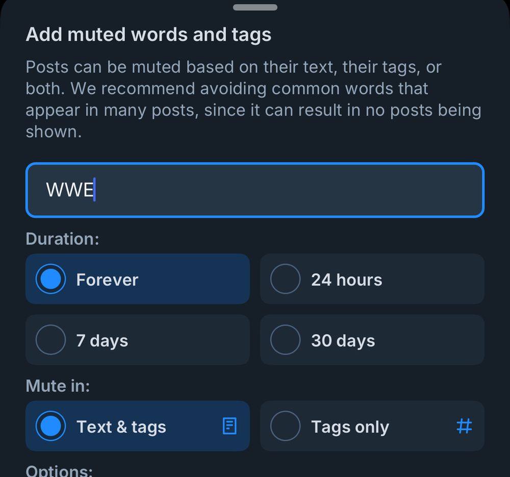 A screenshot showing muting the word "WWE" from my BlueSky skyline then, now, forever. 