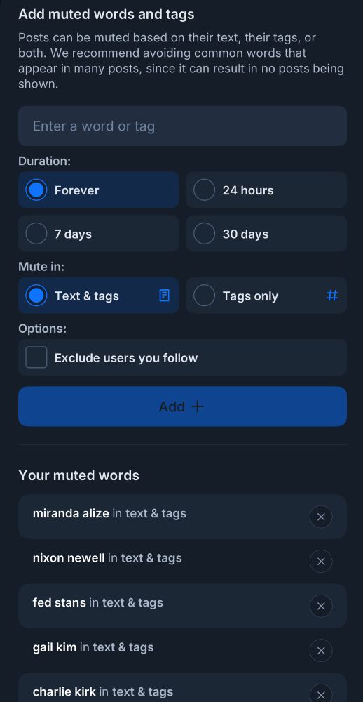 Muted words and tags in moderation. The list shows Nixon Newell, Miranda Alize, fed stans, Gail Kim, and Charlie Kirk 