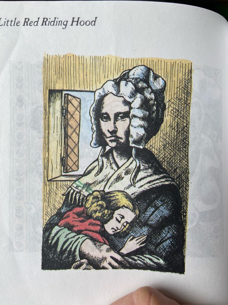 Illustration from a Litttle Red Riding Hood of the story’s grandmother embracing LRRH. Grandma looks like the Mona Lisa in a bonnet