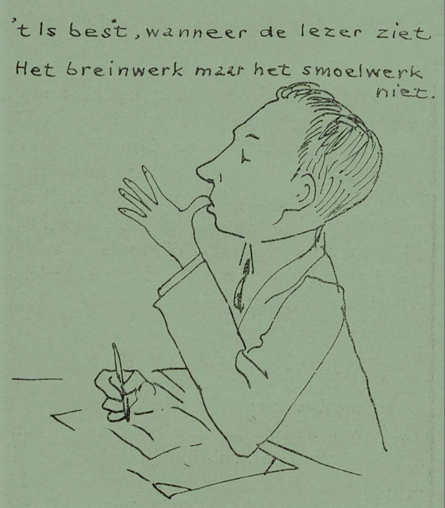 pen drawing of a man in a neat suit looking very clever with his large forehead, pen in hand, and slightly hautain expression. The text reads "It's best when the reader sees the workings of the brain but not the face"