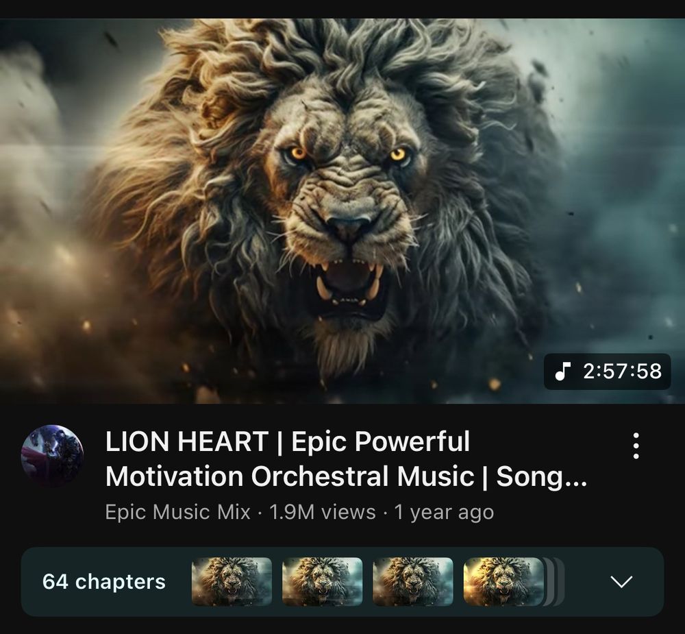 YouTube video called
LION HEART | Epic Powerful
Motivation Orchestral Music | Song...
Epic Music Mix • 1.9M views • 1 year ago
64 chapters