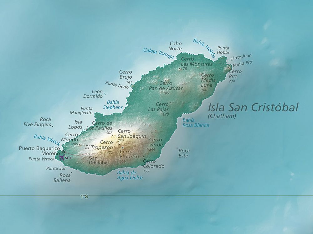 isla San Cristóbal in the Galápagos Islands. Hypsometric tints color the islands to show elevation, with greens being the lowest and oranges the highest. A similar treatment is applied to the ocean, with light blue areas showing shallower water and dark blue showing deeper water. Peaks and other physical features are labeled.