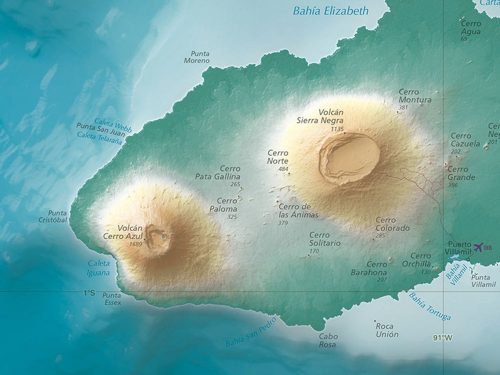 A portion of Isla Isabela in the Galápagos Islands. Hypsometric tints color the islands to show elevation, with greens being the lowest and oranges the highest. A similar treatment is applied to the ocean, with light blue areas showing shallower water and dark blue showing deeper water. Peaks and other physical features are labeled.