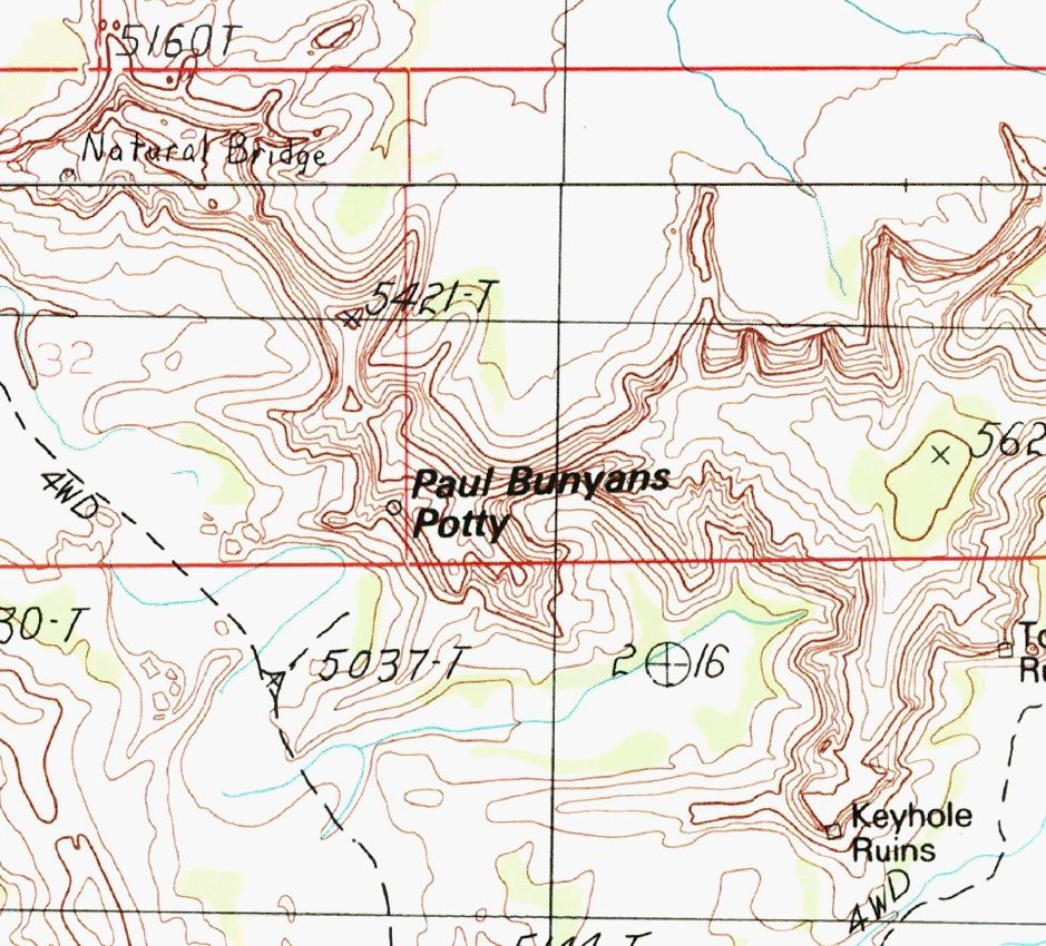 Screenshot of a topo map centered on a feature labeled "Paul Bunyans Potty"