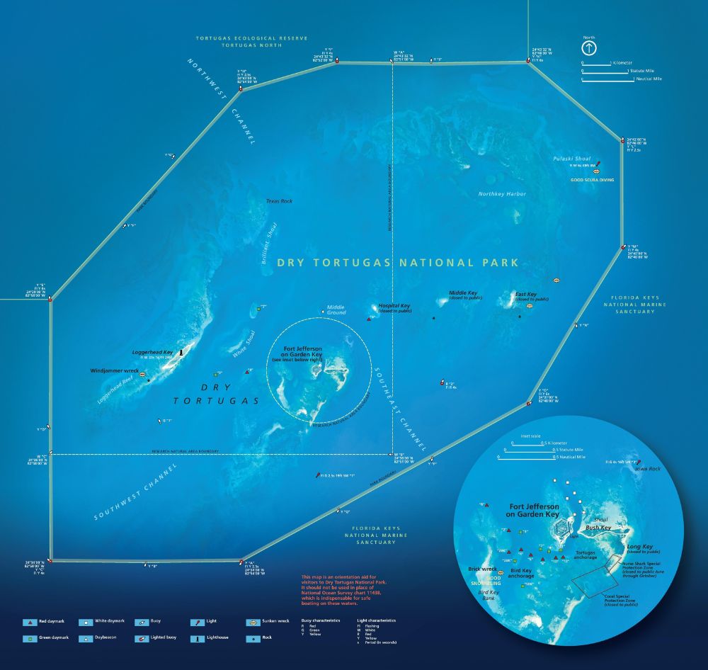 Map of Dry Tortugas National Park. There's so much on here and I never know how to do alt text for a map. The blue is the water, the yellow polygon is the park boundary, and there's a lot more to it.