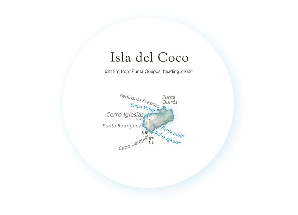 Map of Isla del Coco, surrounded by a faint blue glowing circle to show that it's an inset, plus text describing its location, all in an attempt to convey that this is not where the island actually sits in relation to mainland Costa Rica.