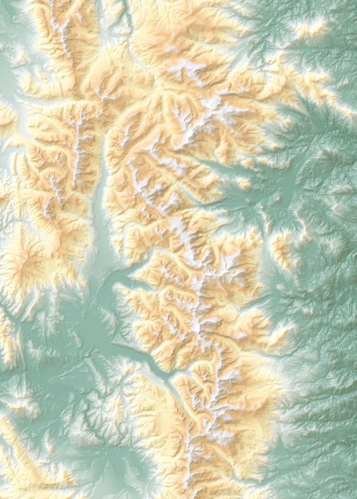 Shaded relief with hypsometric tinting to show elevation. Green is low, orange is mids, and white is the highest.