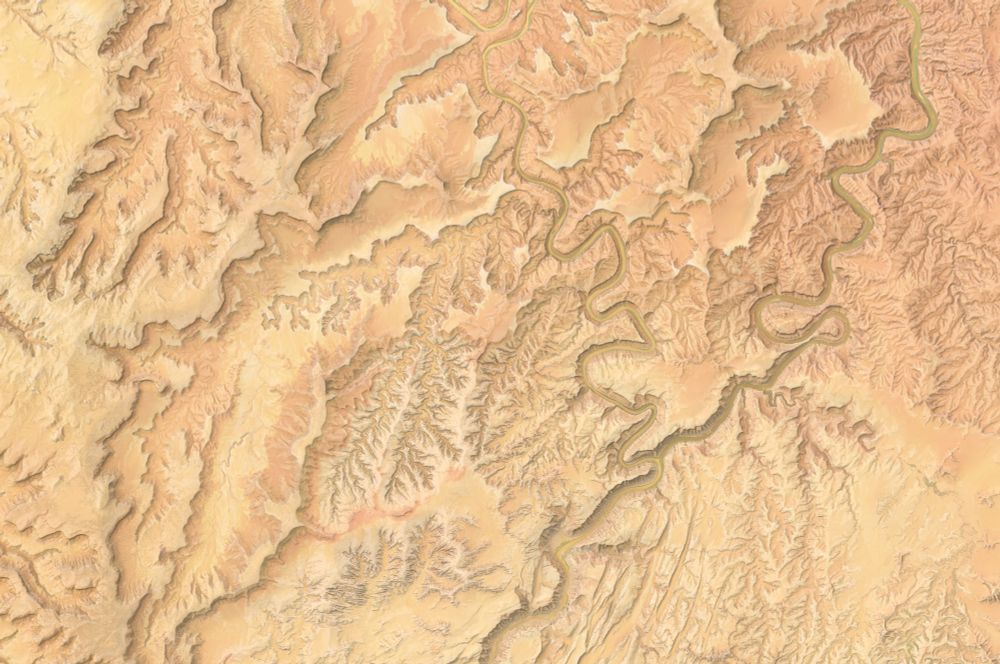 An unlabeled map of canyon country in shades of yellow, orange, and red.
