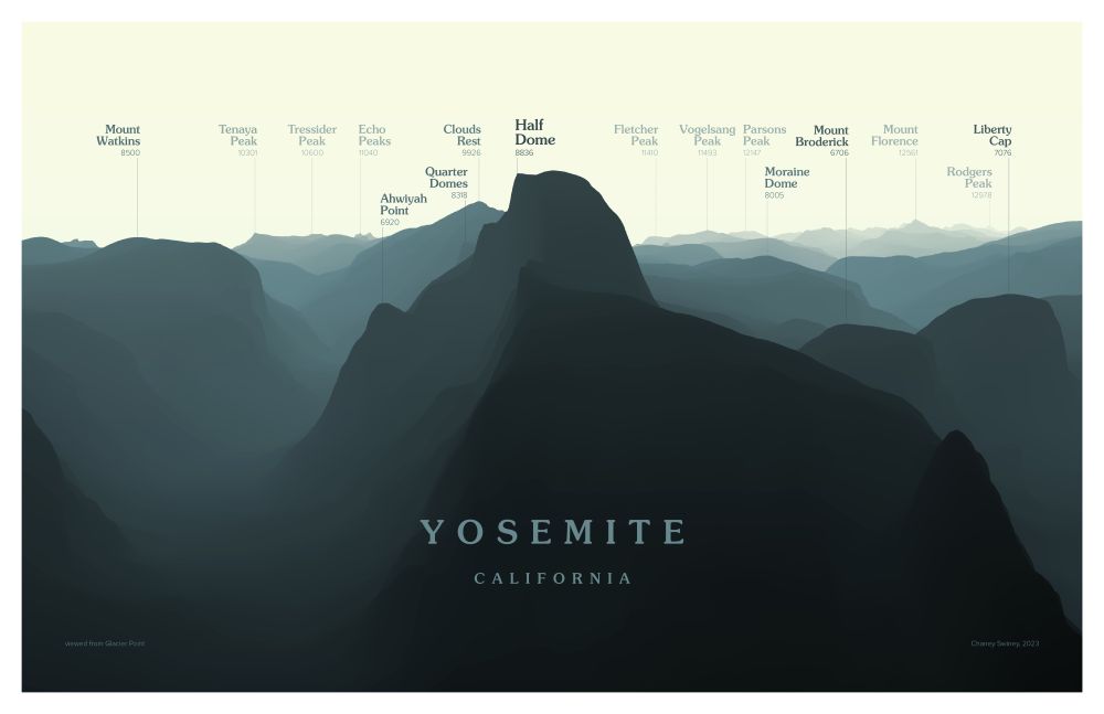 Image of Half Dome and its surroundings in Yosemite National Park, cast in a gradient of yellowish blue. Summits are labeled with their names and elevations.