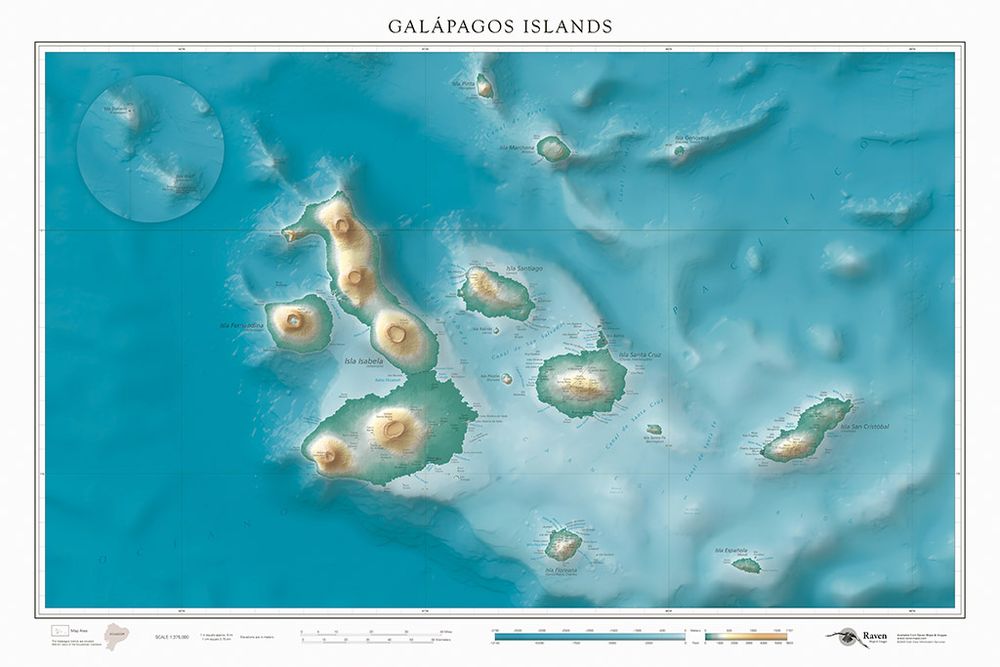 Map of the Galápagos Islands. Hypsometric tints color the islands to show elevation, with greens being the lowest and oranges the highest. A similar treatment is applied to the ocean, with light blue areas showing shallower water and dark blue showing deeper water.