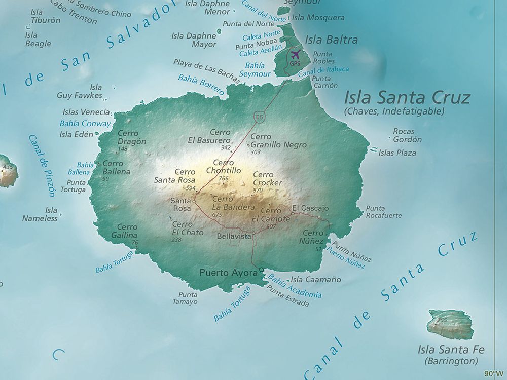 Isla Santa Cruz and Isla Santa Fe in the Galápagos Islands. Hypsometric tints color the islands to show elevation, with greens being the lowest and oranges the highest. A similar treatment is applied to the ocean, with light blue areas showing shallower water and dark blue showing deeper water. Peaks and other physical features are labeled.