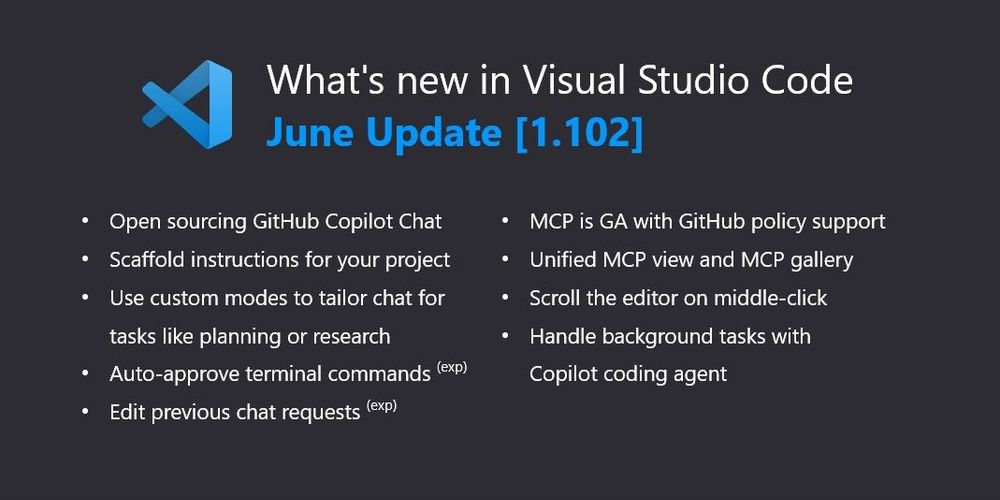 A thumbnail with a dark background and the VS Code logo that reads "What’s new in Visual Studio Code June Update 1.102, featuring open source Copilot Chat, custom instructions, chat modes, auto-approve terminal commands, MCP GA, unified MCP view, middle-click scroll, and background task handling."
