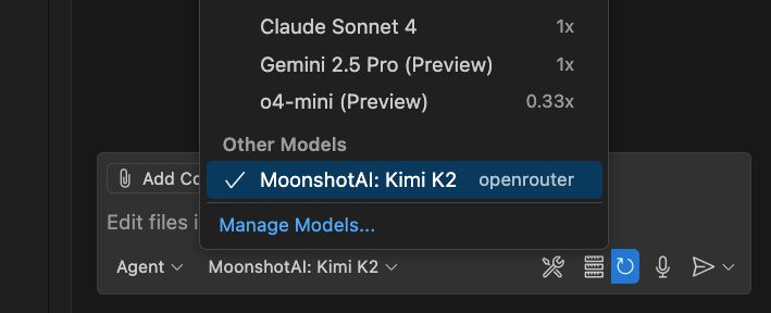 A screenshot of the model picker in VS Code with the MoonshotAI: Kimi K2 model selected under the "Other Models" heading