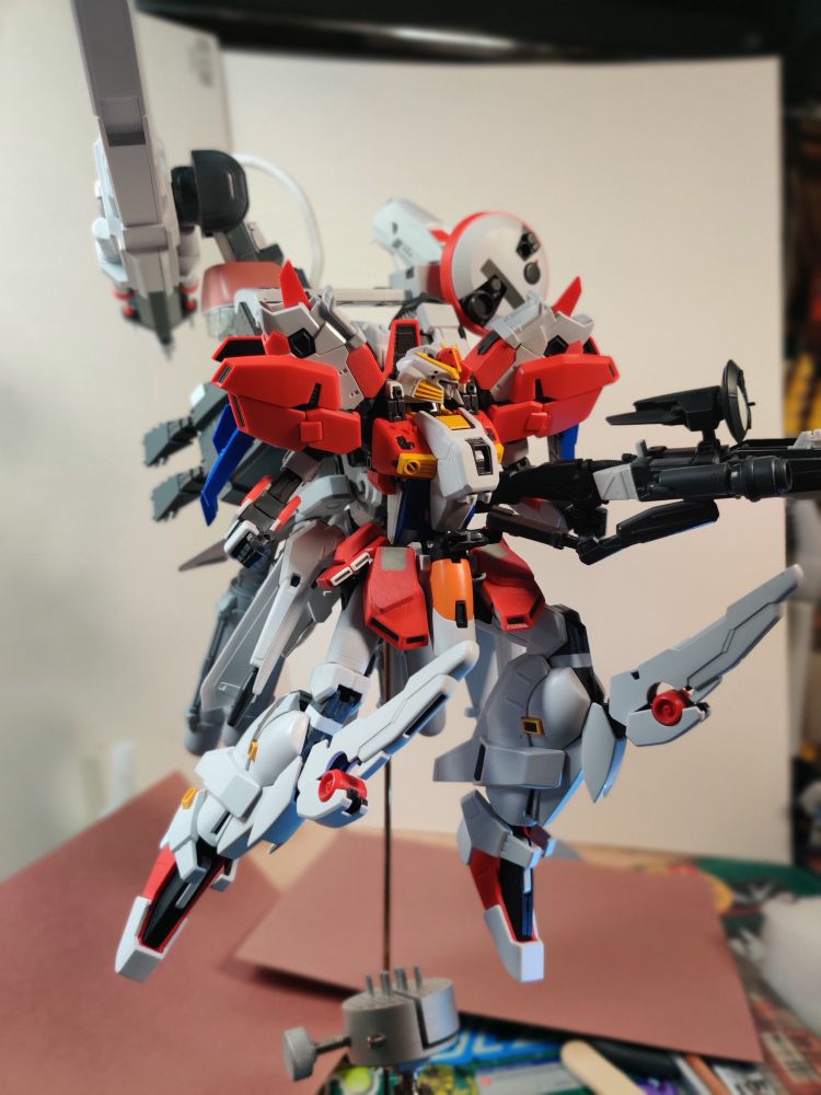 Customized Gundam Mecha. I completely rebuilt the lower torso and hips using a donor kit to give articulation to this normally blocky and immobile model. 

Shown here without "chicken wings" 